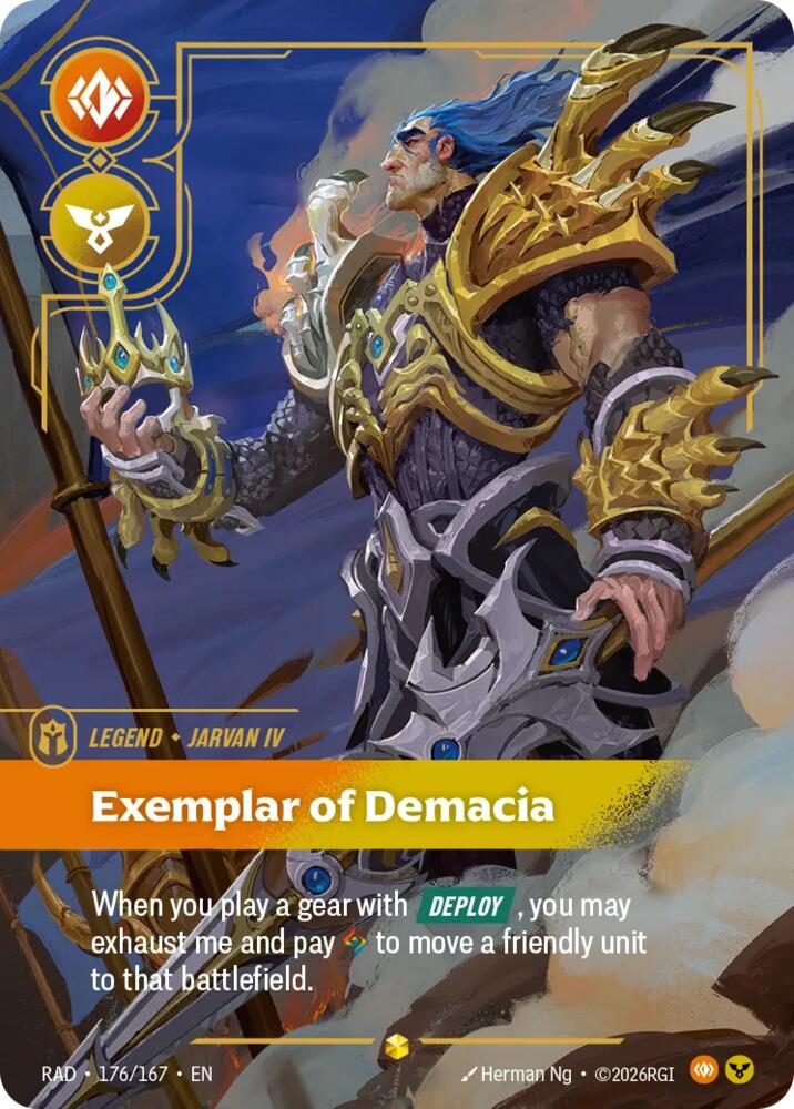 Jarvan IV, Exemplar of Demacia (Overnumbered) 176/167, Radiance, Riftbound card