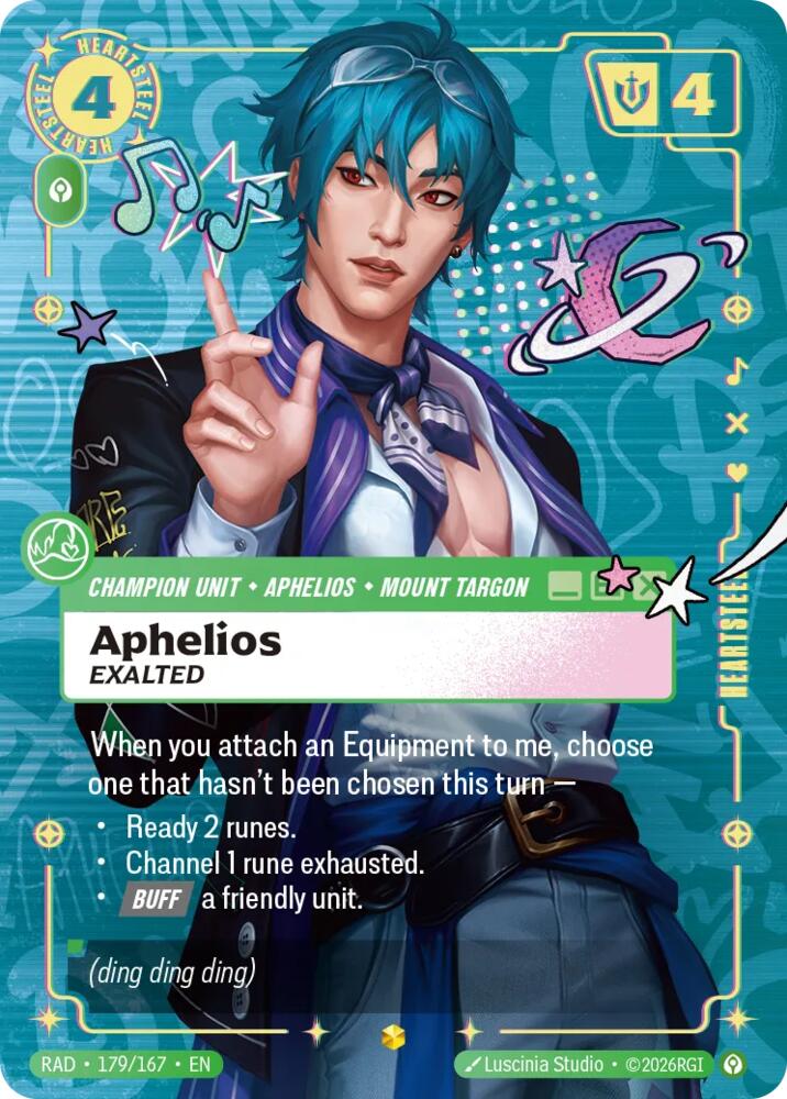 Aphelios, Exalted (Heartsteel Overnumbered) 179/167, Radiance, Riftbound card