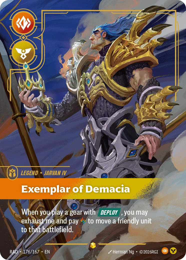 Jarvan IV, Exemplar of Demacia (Signature) 179*/167, Radiance, Riftbound card