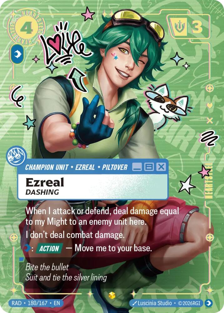 Ezreal, Dashing (Heartsteel Overnumbered) 180/167, Radiance, Riftbound card