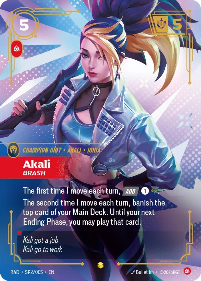 Akali, Brash (K/DA Special Art Card) SP2/005, Radiance, Riftbound card